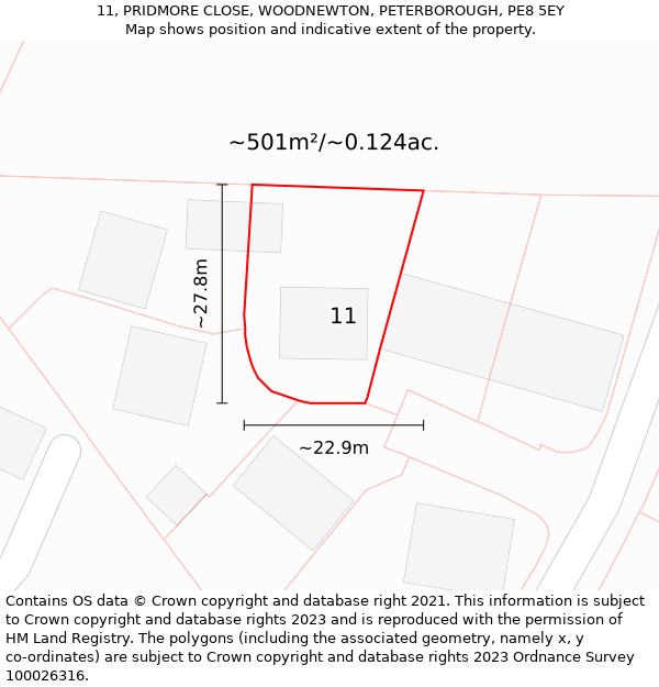 11, PRIDMORE CLOSE, WOODNEWTON, PETERBOROUGH, PE8 5EY: Plot and title map