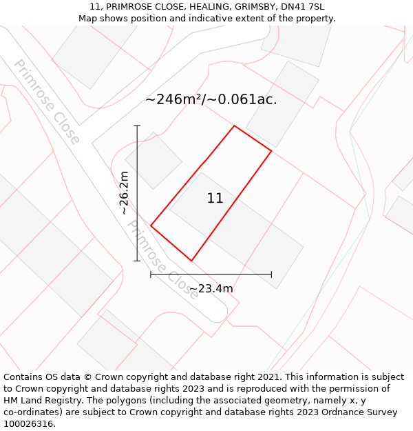 11, PRIMROSE CLOSE, HEALING, GRIMSBY, DN41 7SL: Plot and title map