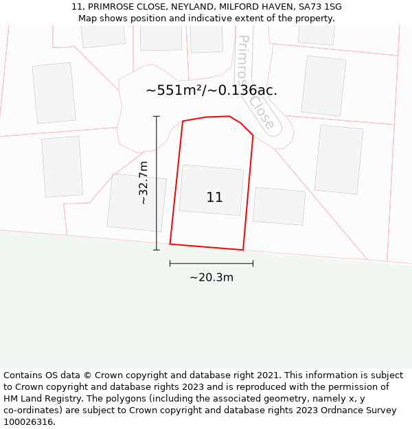 11, PRIMROSE CLOSE, NEYLAND, MILFORD HAVEN, SA73 1SG: Plot and title map