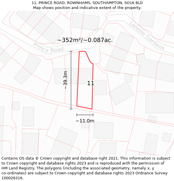 11, PRINCE ROAD, ROWNHAMS, SOUTHAMPTON, SO16 8LD: Plot and title map