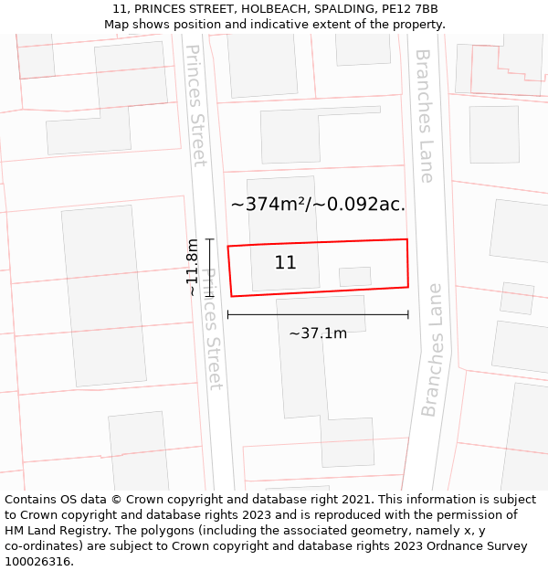 11, PRINCES STREET, HOLBEACH, SPALDING, PE12 7BB: Plot and title map