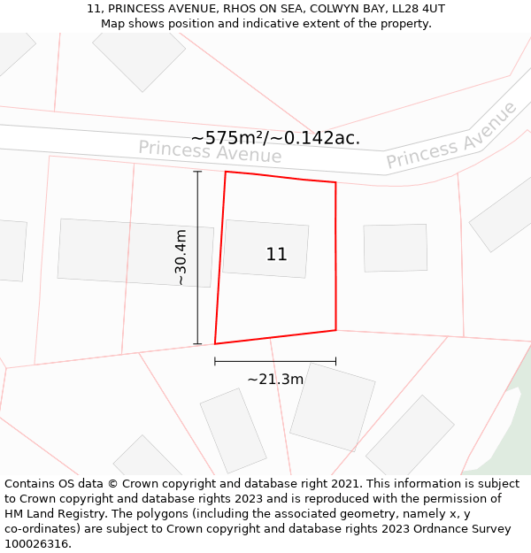 11, PRINCESS AVENUE, RHOS ON SEA, COLWYN BAY, LL28 4UT: Plot and title map