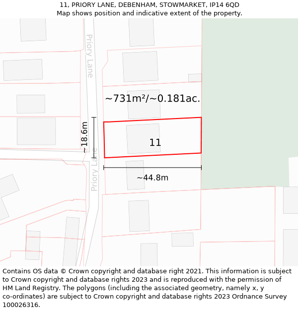 11, PRIORY LANE, DEBENHAM, STOWMARKET, IP14 6QD: Plot and title map