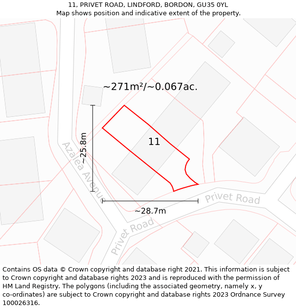 11, PRIVET ROAD, LINDFORD, BORDON, GU35 0YL: Plot and title map