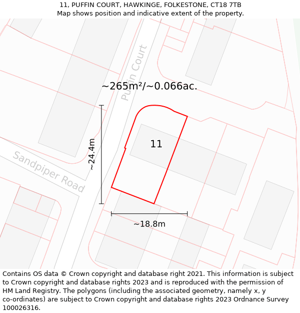 11, PUFFIN COURT, HAWKINGE, FOLKESTONE, CT18 7TB: Plot and title map