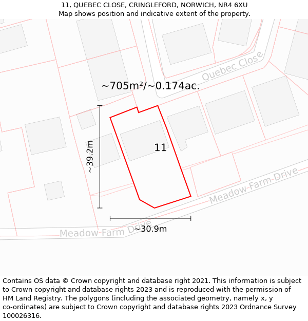 11, QUEBEC CLOSE, CRINGLEFORD, NORWICH, NR4 6XU: Plot and title map