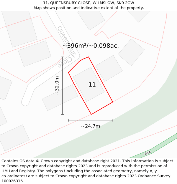11, QUEENSBURY CLOSE, WILMSLOW, SK9 2GW: Plot and title map