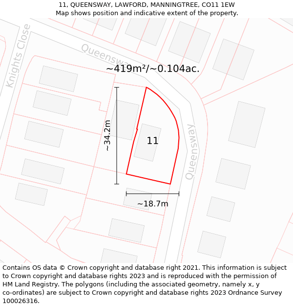 11, QUEENSWAY, LAWFORD, MANNINGTREE, CO11 1EW: Plot and title map