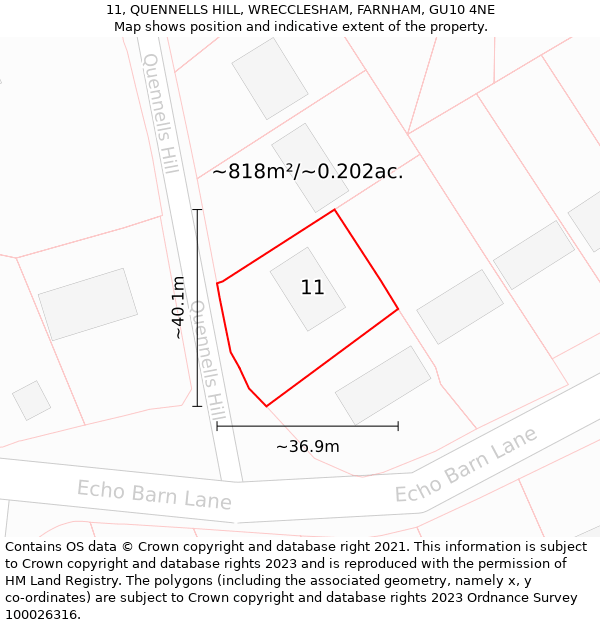 11, QUENNELLS HILL, WRECCLESHAM, FARNHAM, GU10 4NE: Plot and title map