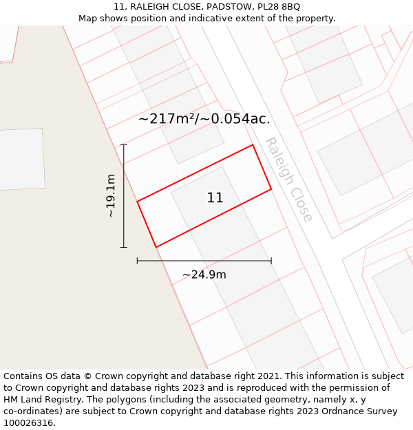 11, RALEIGH CLOSE, PADSTOW, PL28 8BQ: Plot and title map