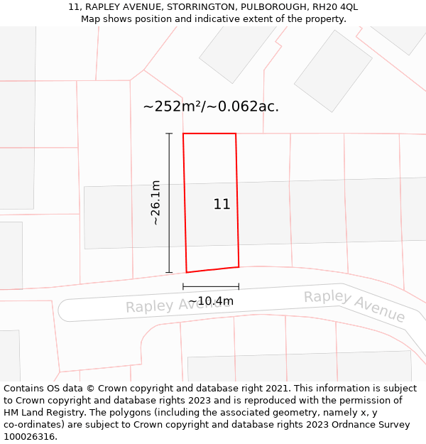 11, RAPLEY AVENUE, STORRINGTON, PULBOROUGH, RH20 4QL: Plot and title map