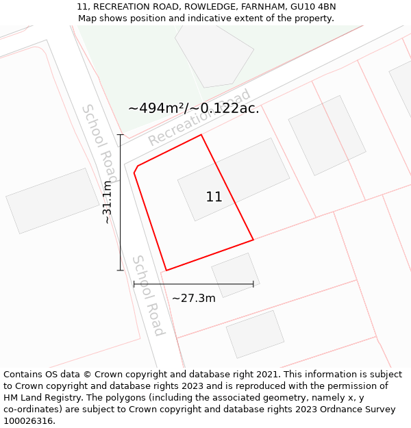 11, RECREATION ROAD, ROWLEDGE, FARNHAM, GU10 4BN: Plot and title map