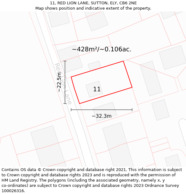 11, RED LION LANE, SUTTON, ELY, CB6 2NE: Plot and title map