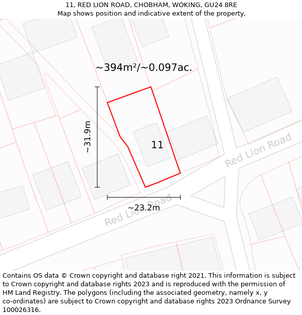 11, RED LION ROAD, CHOBHAM, WOKING, GU24 8RE: Plot and title map