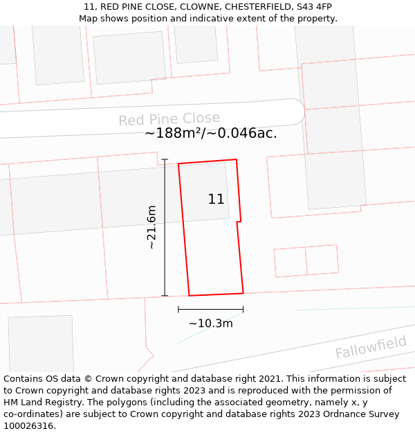 11, RED PINE CLOSE, CLOWNE, CHESTERFIELD, S43 4FP: Plot and title map