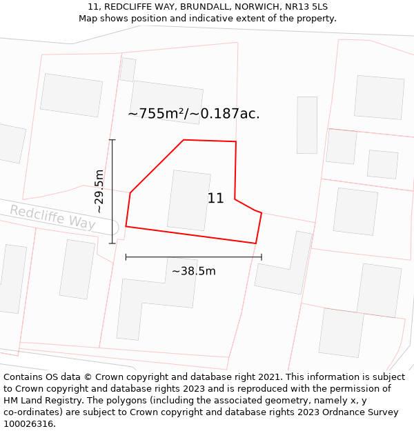 11, REDCLIFFE WAY, BRUNDALL, NORWICH, NR13 5LS: Plot and title map