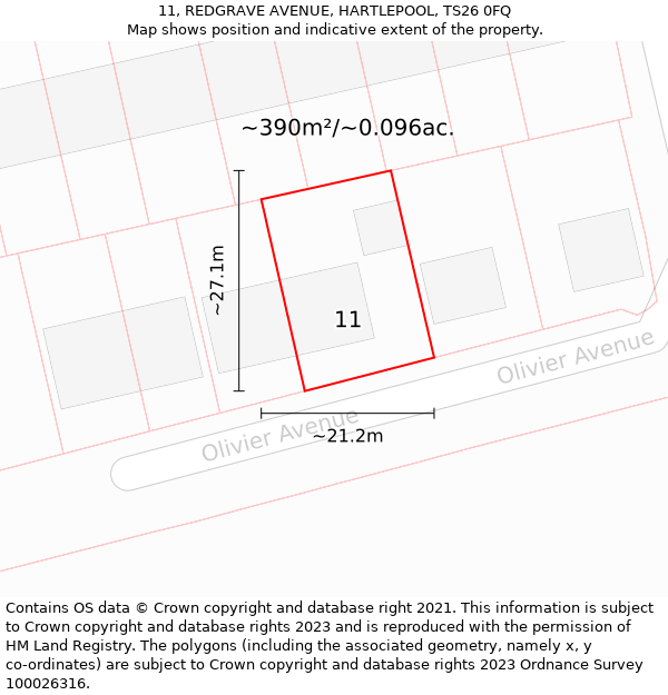 11, REDGRAVE AVENUE, HARTLEPOOL, TS26 0FQ: Plot and title map
