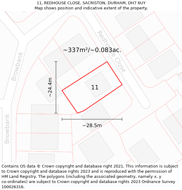 11, REDHOUSE CLOSE, SACRISTON, DURHAM, DH7 6UY: Plot and title map