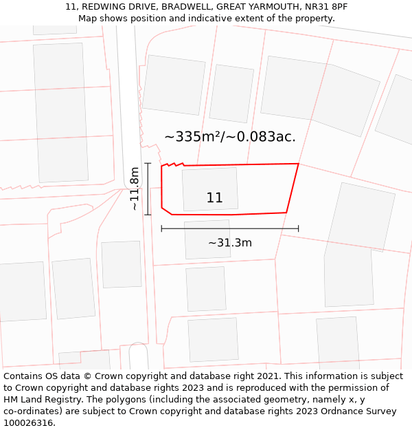 11, REDWING DRIVE, BRADWELL, GREAT YARMOUTH, NR31 8PF: Plot and title map