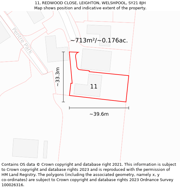 11, REDWOOD CLOSE, LEIGHTON, WELSHPOOL, SY21 8JH: Plot and title map