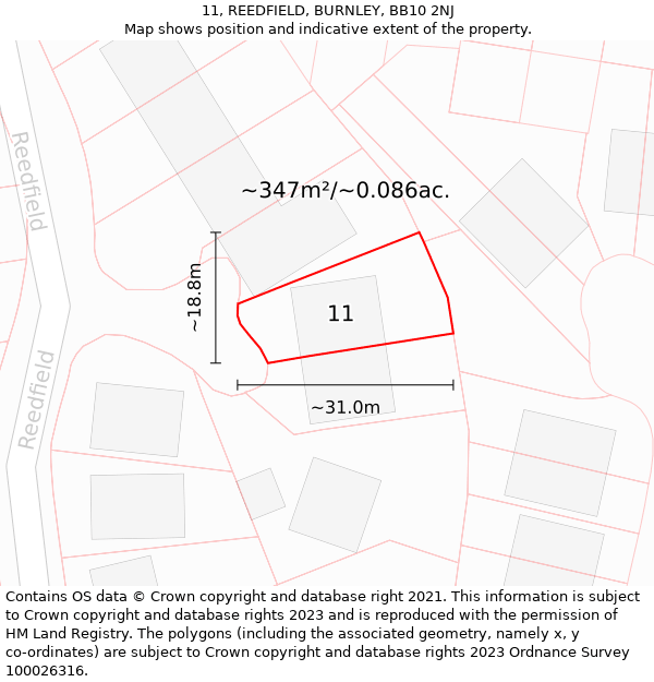 11, REEDFIELD, BURNLEY, BB10 2NJ: Plot and title map
