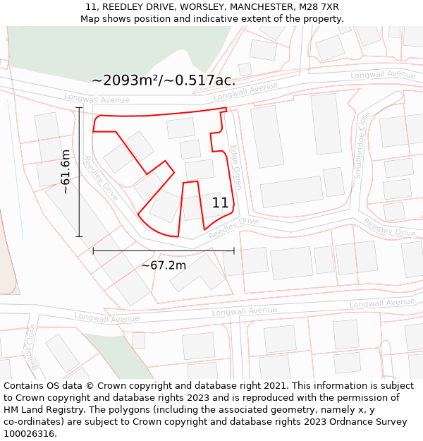 11, REEDLEY DRIVE, WORSLEY, MANCHESTER, M28 7XR: Plot and title map