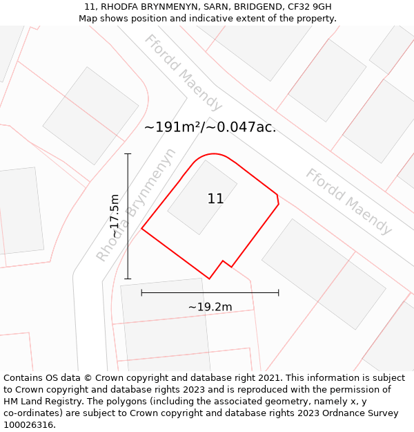 11, RHODFA BRYNMENYN, SARN, BRIDGEND, CF32 9GH: Plot and title map