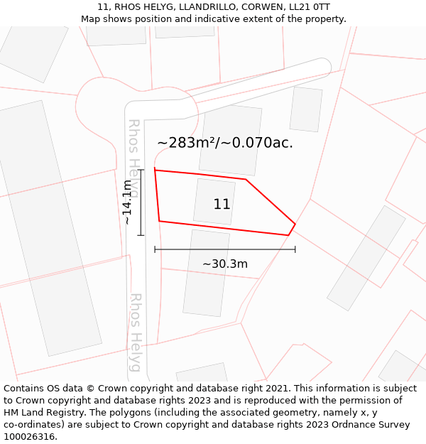 11, RHOS HELYG, LLANDRILLO, CORWEN, LL21 0TT: Plot and title map