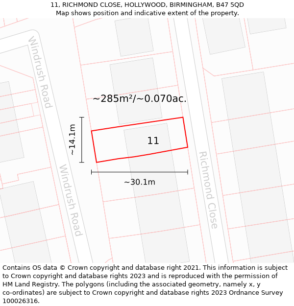 11, RICHMOND CLOSE, HOLLYWOOD, BIRMINGHAM, B47 5QD: Plot and title map