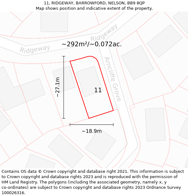 11, RIDGEWAY, BARROWFORD, NELSON, BB9 8QP: Plot and title map