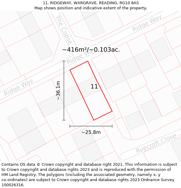 11, RIDGEWAY, WARGRAVE, READING, RG10 8AS: Plot and title map