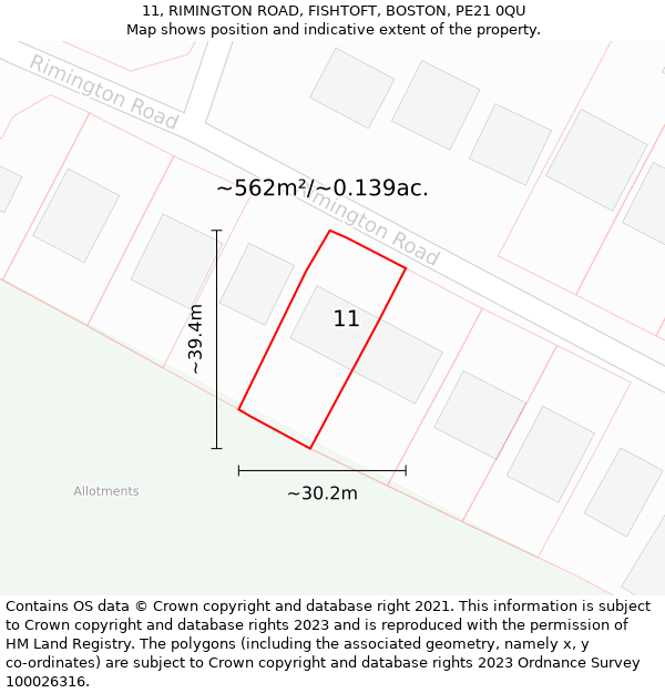 11, RIMINGTON ROAD, FISHTOFT, BOSTON, PE21 0QU: Plot and title map