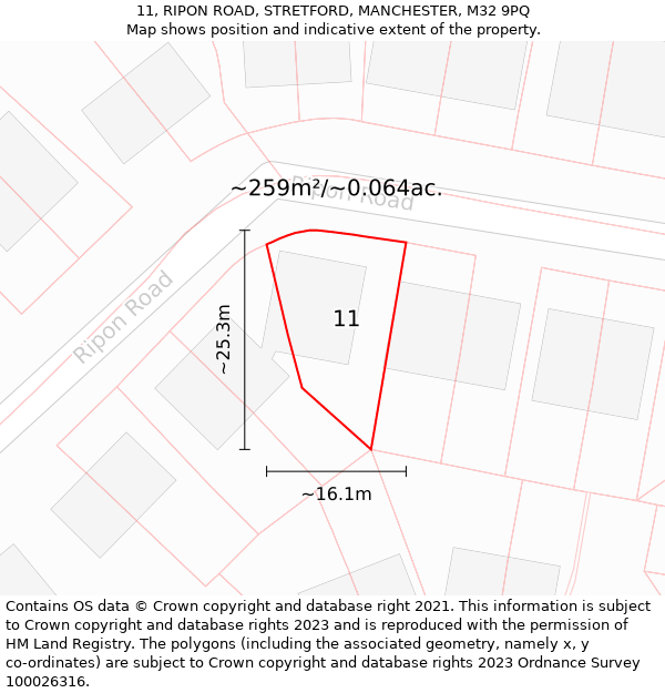 11, RIPON ROAD, STRETFORD, MANCHESTER, M32 9PQ: Plot and title map