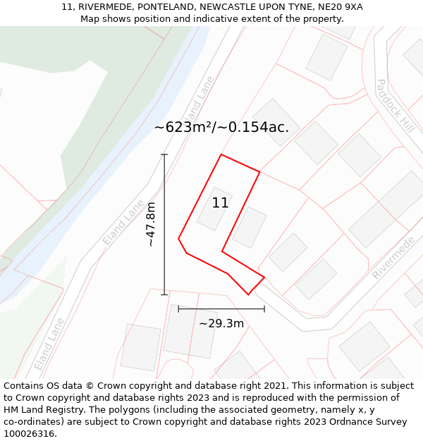 11, RIVERMEDE, PONTELAND, NEWCASTLE UPON TYNE, NE20 9XA: Plot and title map