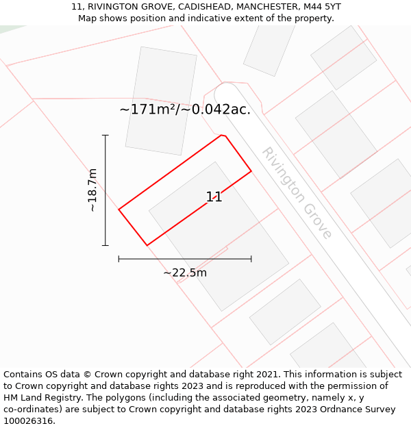 11, RIVINGTON GROVE, CADISHEAD, MANCHESTER, M44 5YT: Plot and title map