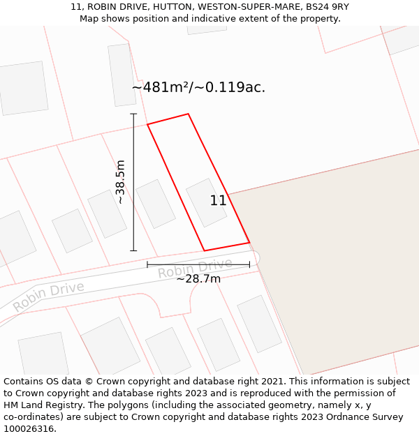 11, ROBIN DRIVE, HUTTON, WESTON-SUPER-MARE, BS24 9RY: Plot and title map