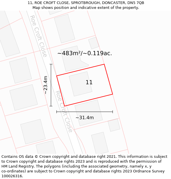 11, ROE CROFT CLOSE, SPROTBROUGH, DONCASTER, DN5 7QB: Plot and title map