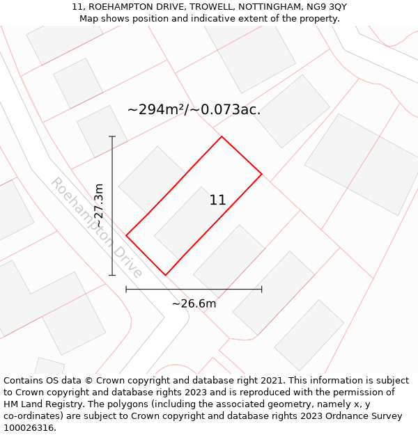 11, ROEHAMPTON DRIVE, TROWELL, NOTTINGHAM, NG9 3QY: Plot and title map