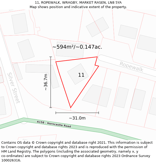 11, ROPEWALK, WRAGBY, MARKET RASEN, LN8 5YA: Plot and title map