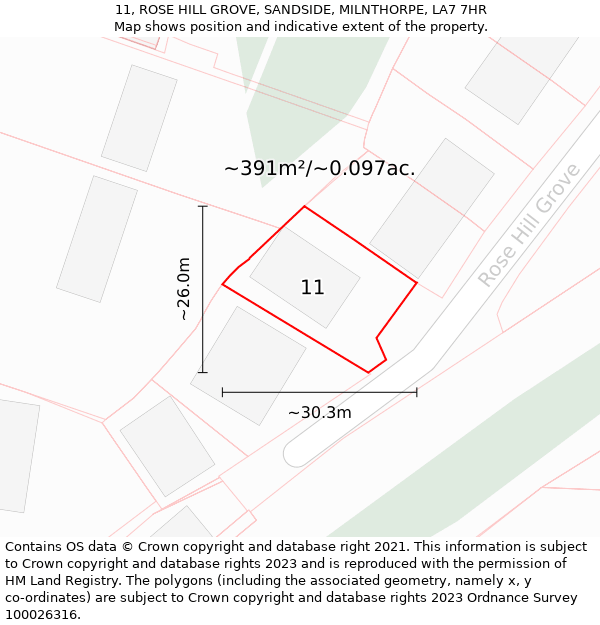 11, ROSE HILL GROVE, SANDSIDE, MILNTHORPE, LA7 7HR: Plot and title map