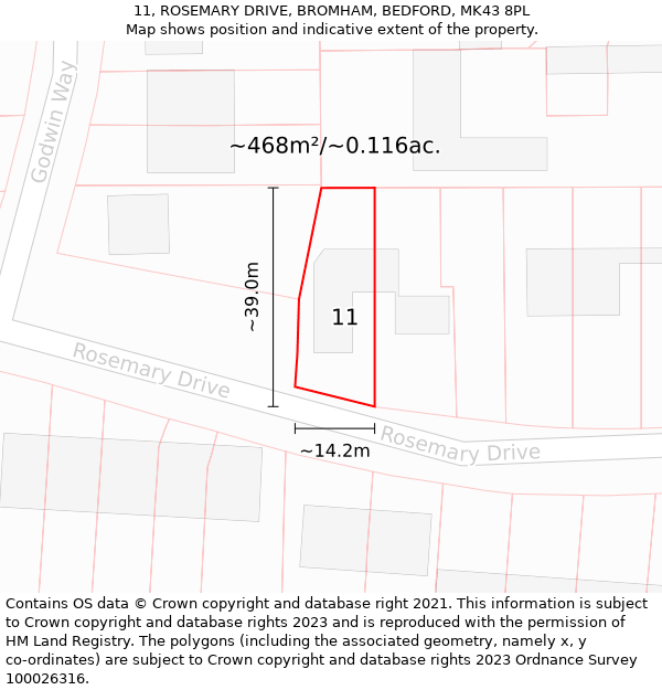 11, ROSEMARY DRIVE, BROMHAM, BEDFORD, MK43 8PL: Plot and title map