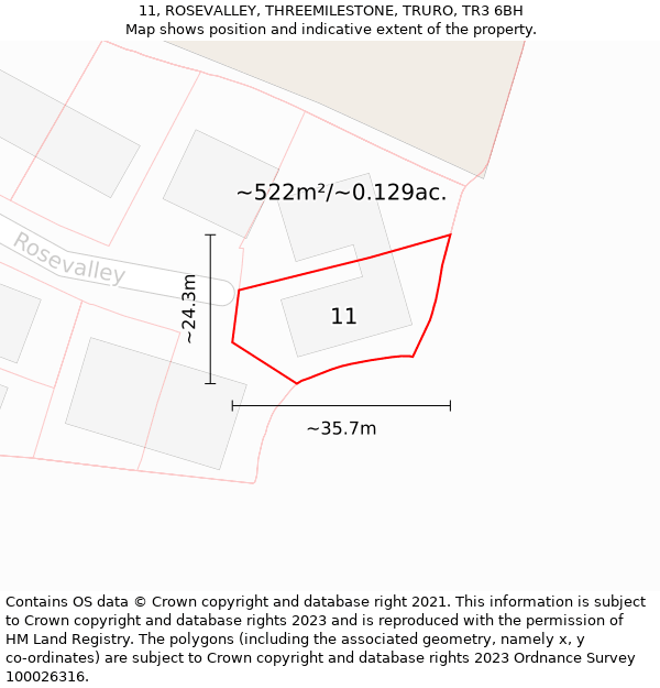 11, ROSEVALLEY, THREEMILESTONE, TRURO, TR3 6BH: Plot and title map