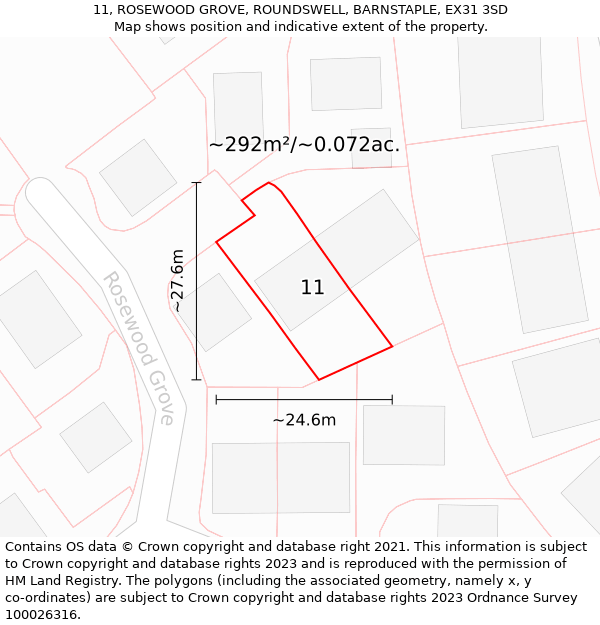 11, ROSEWOOD GROVE, ROUNDSWELL, BARNSTAPLE, EX31 3SD: Plot and title map