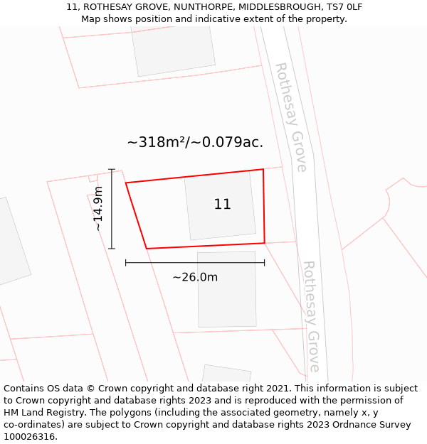 11, ROTHESAY GROVE, NUNTHORPE, MIDDLESBROUGH, TS7 0LF: Plot and title map