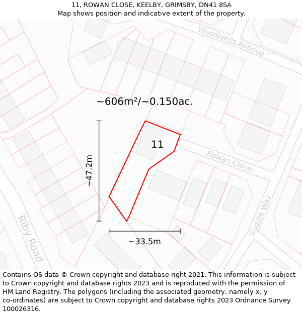 11, ROWAN CLOSE, KEELBY, GRIMSBY, DN41 8SA: Plot and title map