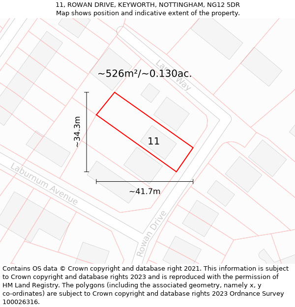 11, ROWAN DRIVE, KEYWORTH, NOTTINGHAM, NG12 5DR: Plot and title map