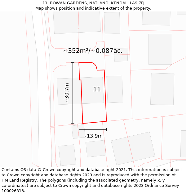 11, ROWAN GARDENS, NATLAND, KENDAL, LA9 7FJ: Plot and title map