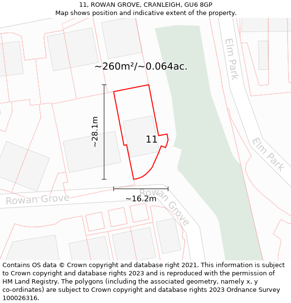 11, ROWAN GROVE, CRANLEIGH, GU6 8GP: Plot and title map