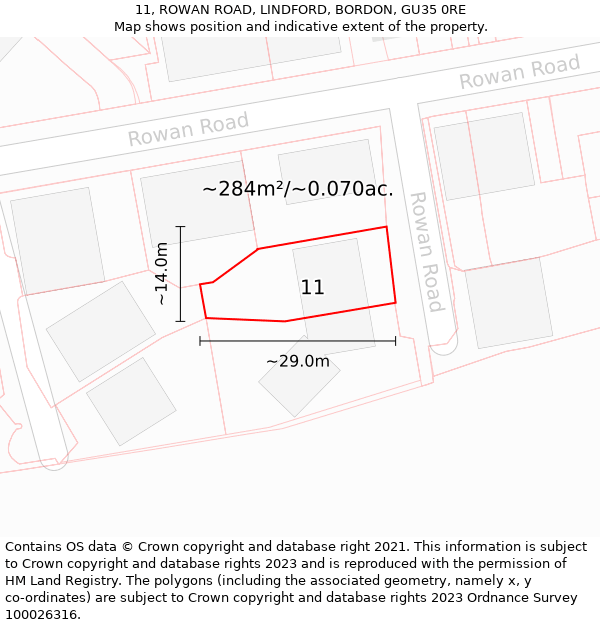 11, ROWAN ROAD, LINDFORD, BORDON, GU35 0RE: Plot and title map