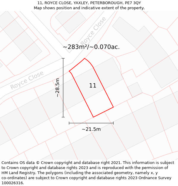 11, ROYCE CLOSE, YAXLEY, PETERBOROUGH, PE7 3QY: Plot and title map